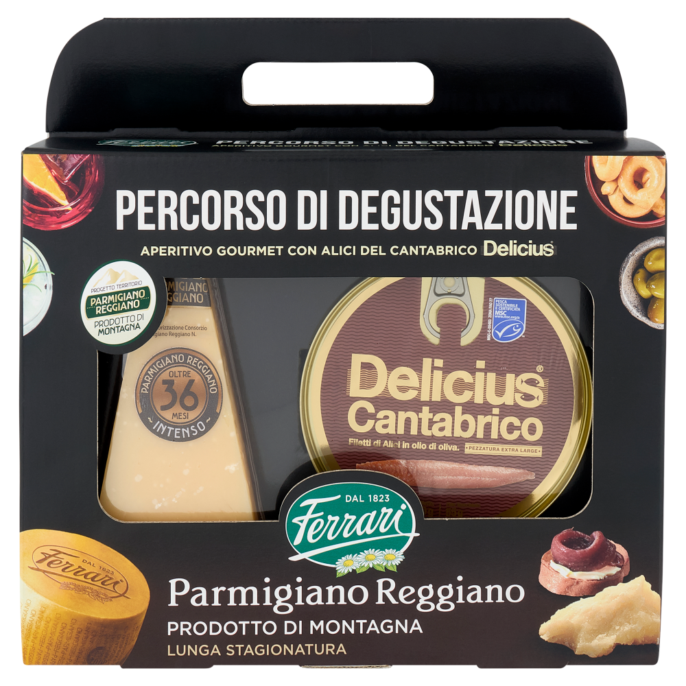 Ferrari Parmigiano Reggiano Prodotto di Montagna oltre 36 mesi 400g con Alici del Cantabrico