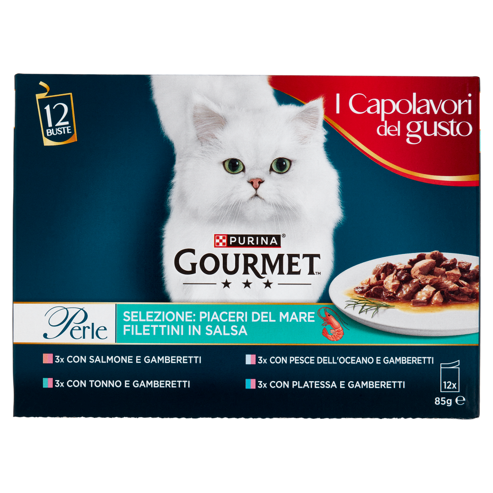 PURINA GOURMET Perle Piaceri del Mare Filettini in Salsa Salmone,Pesce Oceano,Tonno,Platessa 12x85g