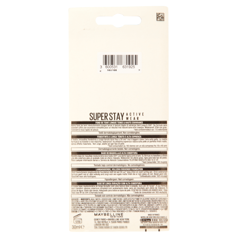 Maybelline New York Fondotinta Liquido SuperStay 30H Active Wear, Ivory (10), 30 ml