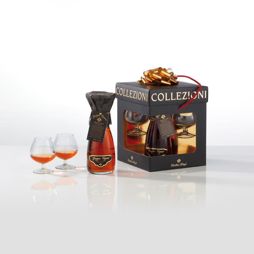 Confezione Vapore, AMARONE BARRIQUE Grappa Invecchiata di Amarone e 2 Bicchieri