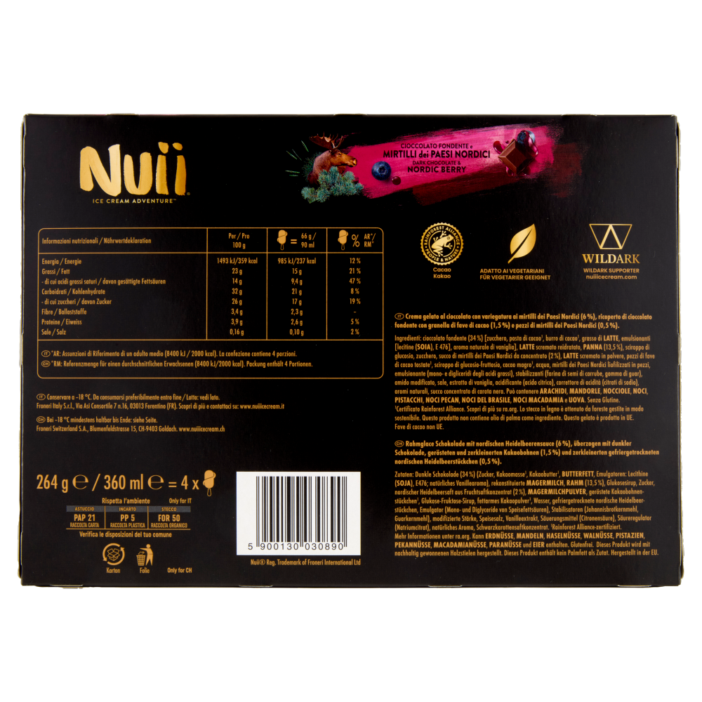 NUII Cioccolato Fondente e Mirtilli dei Paesi Nordici 4x66g