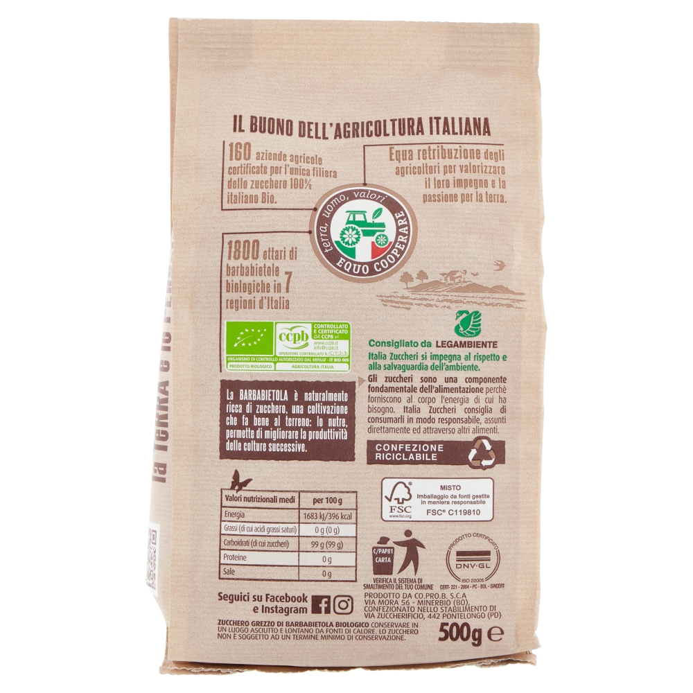 Italia Zuccheri Nostrano il Biologico 100% Italiano Zucchero Grezzo di Barbabietola 500 g