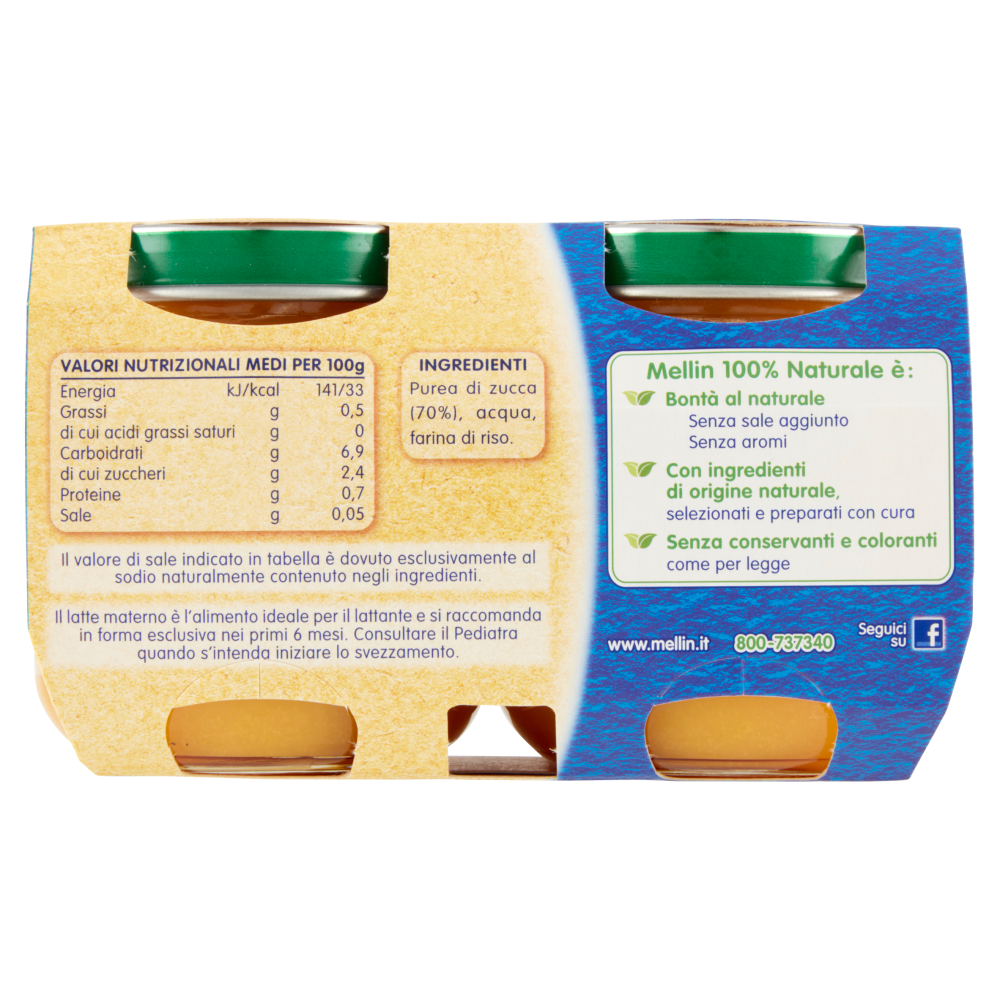 Mellin Zucca 100% Naturale Omogeneizzato 2 x 125 g