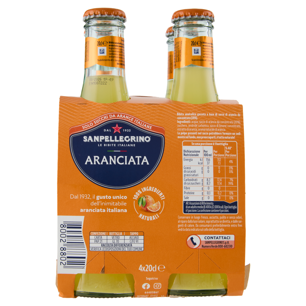 BIBITE SANPELLEGRINO, Bevanda Gassata,Aranciata, Vetro - 4x200ml