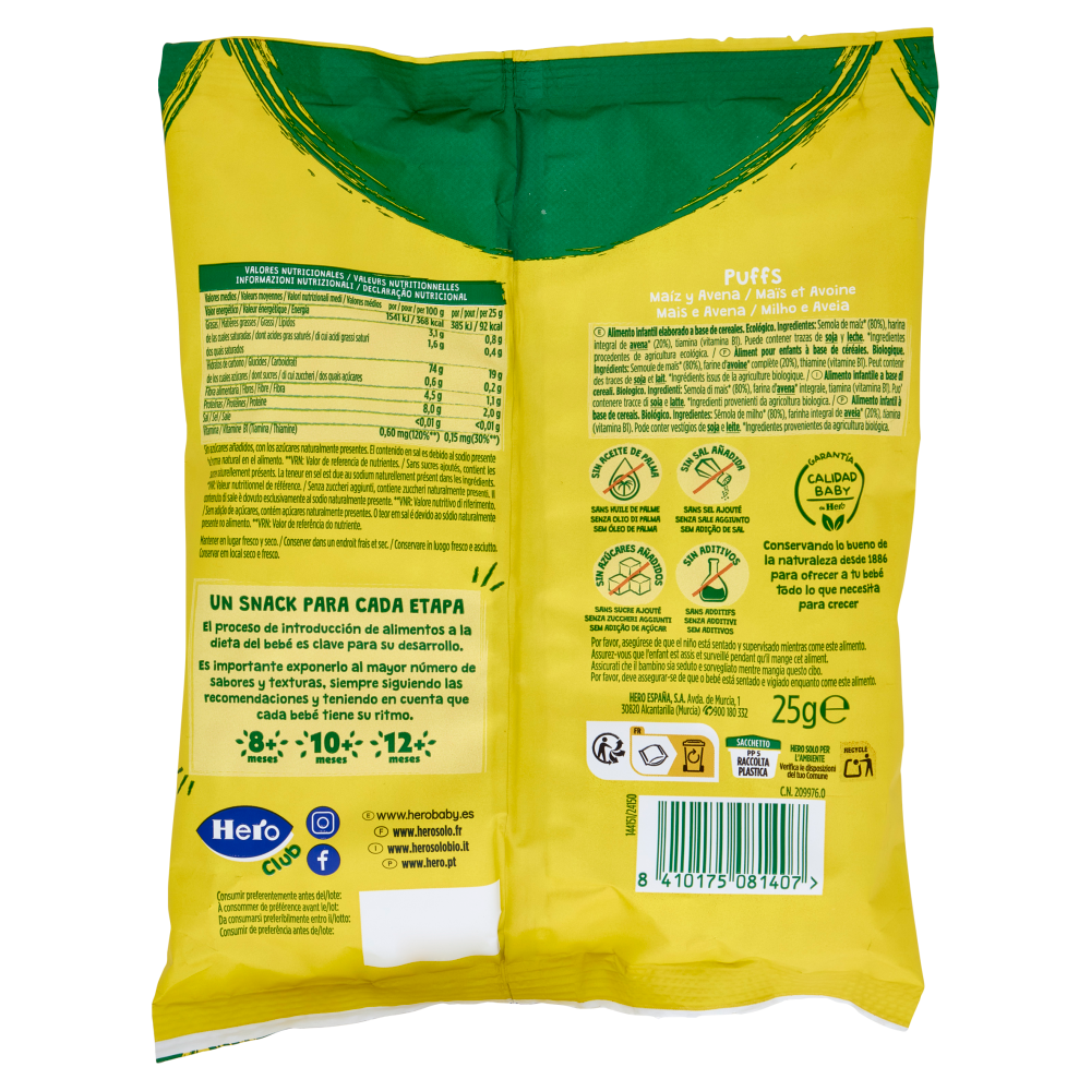 Hero Solo Bio Puffs Mais e Avena 25 g