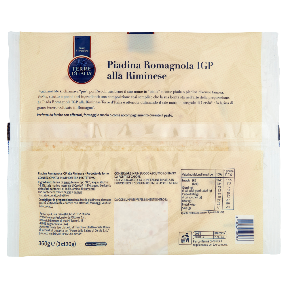 Terre d'Italia Piadina Romagnola IGP alla Riminese 3 piadine 3 x 120 g