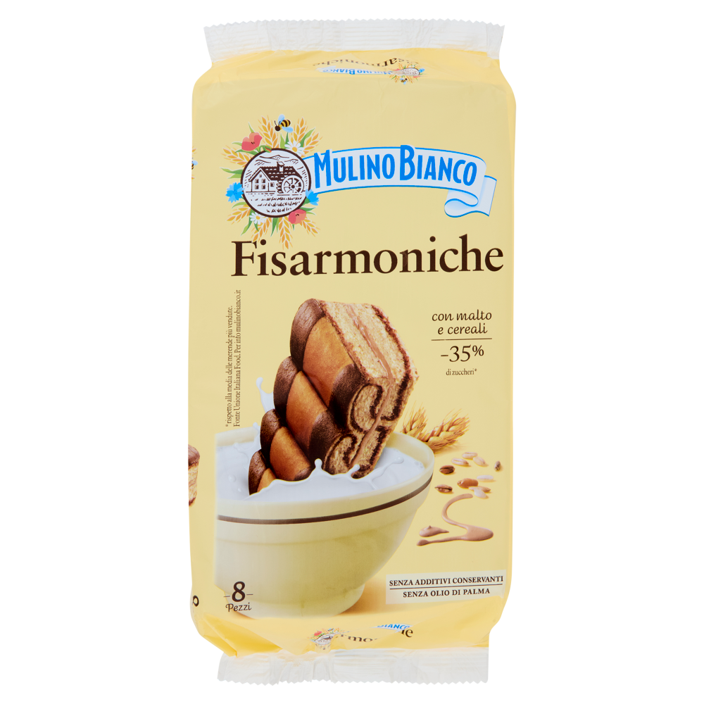 Mulino Bianco Fisarmoniche Merenda con 8 Cereali e Crema al Malto d'Orzo e Cacao 8 pezzi 264g