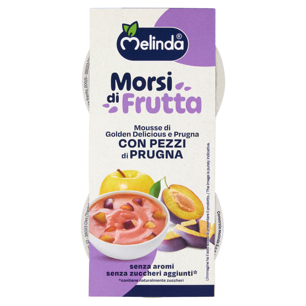Melinda Morsi di Frutta Mousse di Golden Delicious e Prugna con pezzi di Prugna 2 x 100 g