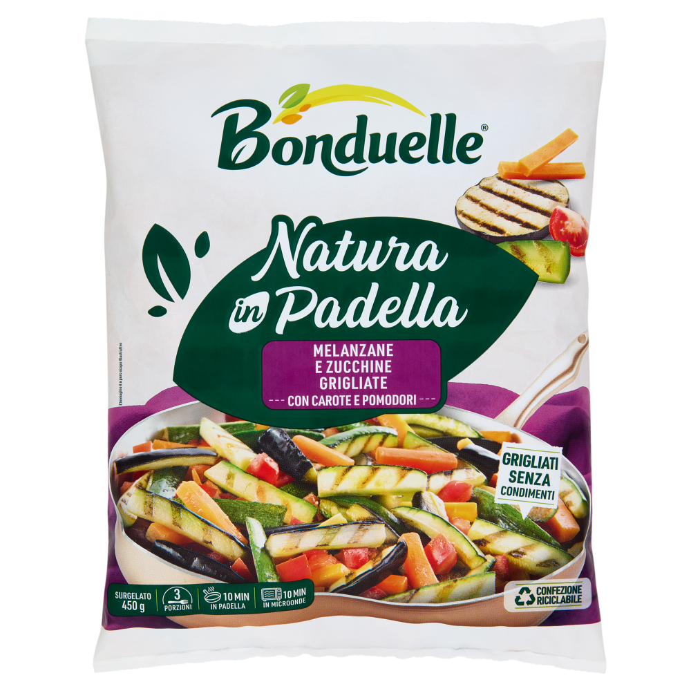 Bonduelle Natura in Padella Melanzane e Zucchine Grigliate con Carote e Pomodori Surgelato 450 g