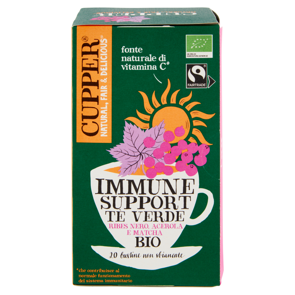 CUPPER Tè Verde Immune Support Biologico Fairtrade con Ribes Nero, Acerola e Matcha, 20 bustine 40 g