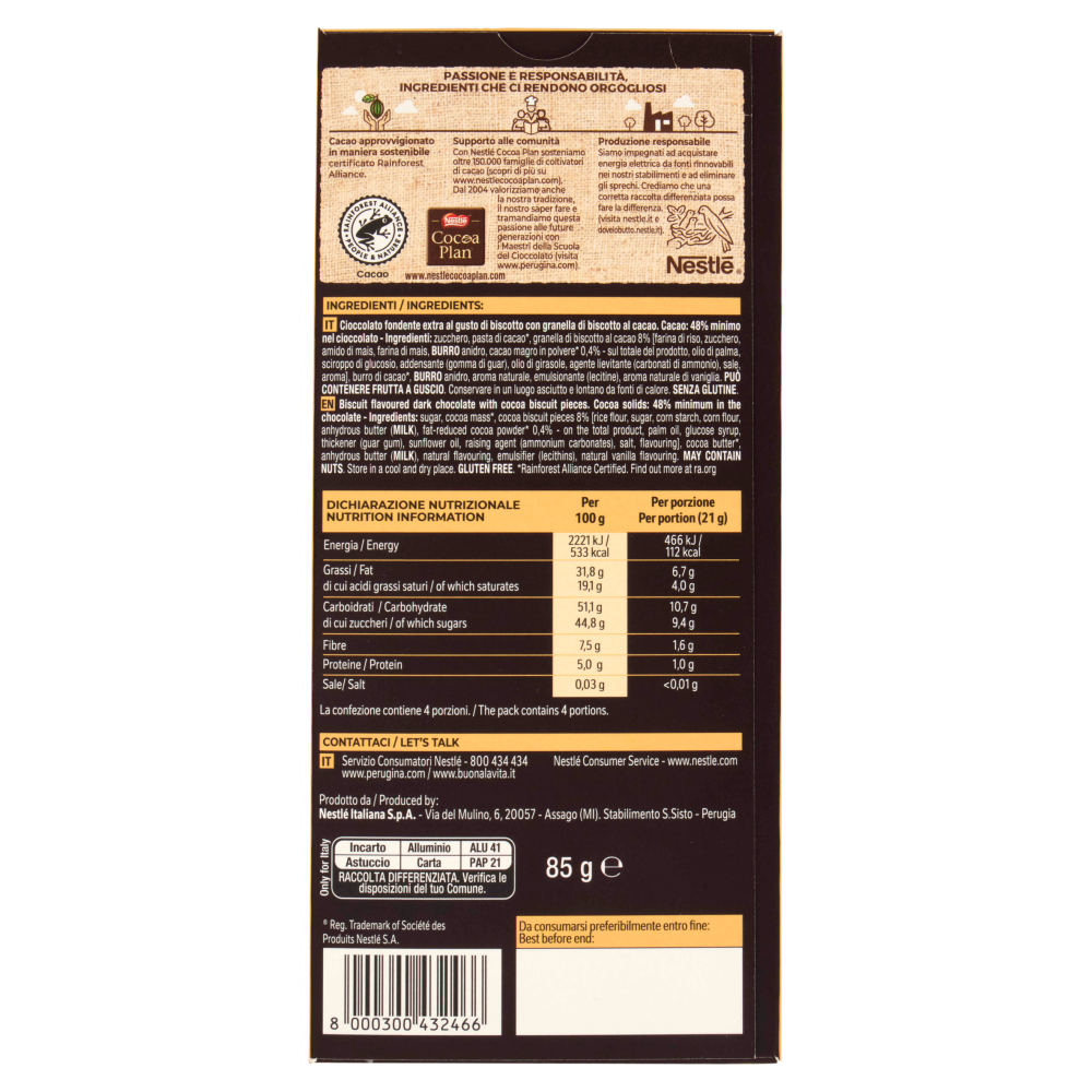 PERUGINA NERO Biscotto Limited Edition Tavoletta Cioccolato Fondente Extra 85g