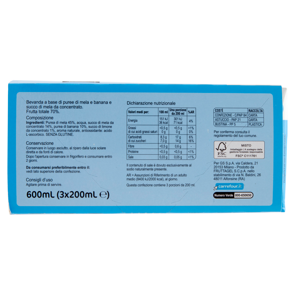 Carrefour Classic Bevanda Senza Zuccheri Aggiunti* Mela Banana 3 x 200 ml