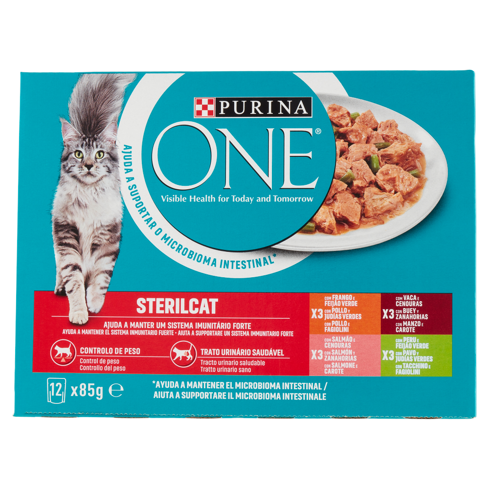 PURINA ONE umido Sterilcat Pollo Fagiolini, Manzo Carote, Salmone Carote, Tacchino Fagiolini 12x85g