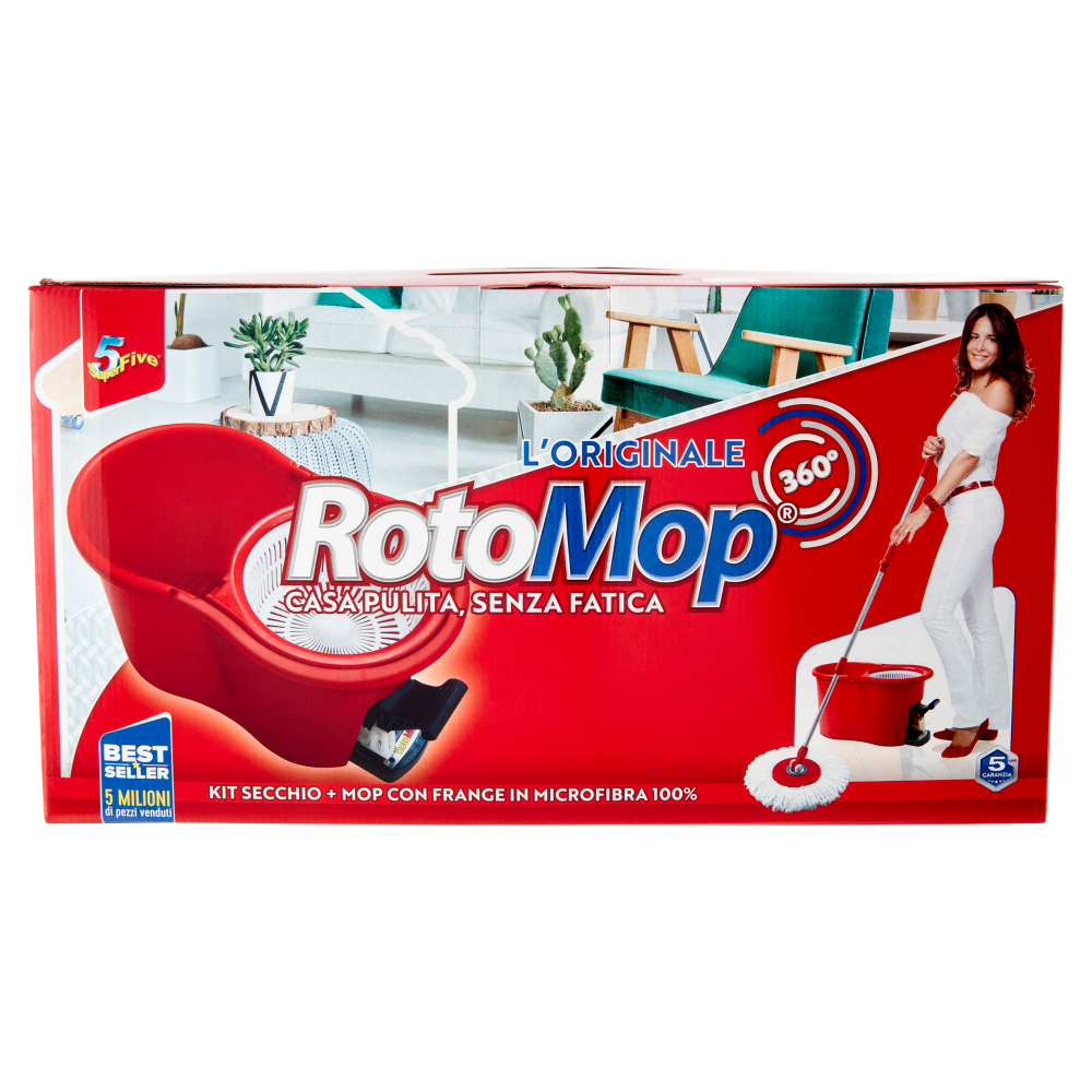 Super5 RotoMop 360° Kit Secchio + Mop con Frange in Microfibra 100%