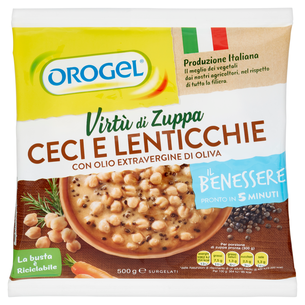 Orogel Il Benessere Virtù di Zuppa Ceci e Lenticchie con Olio Extravergine di Oliva Surgelati 500 g