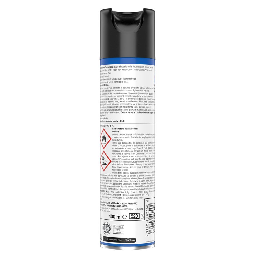 Raid Mosche e Zanzare Spray, Insetticida per Mosche e Zanzare, Azione Rapida, 400 ml