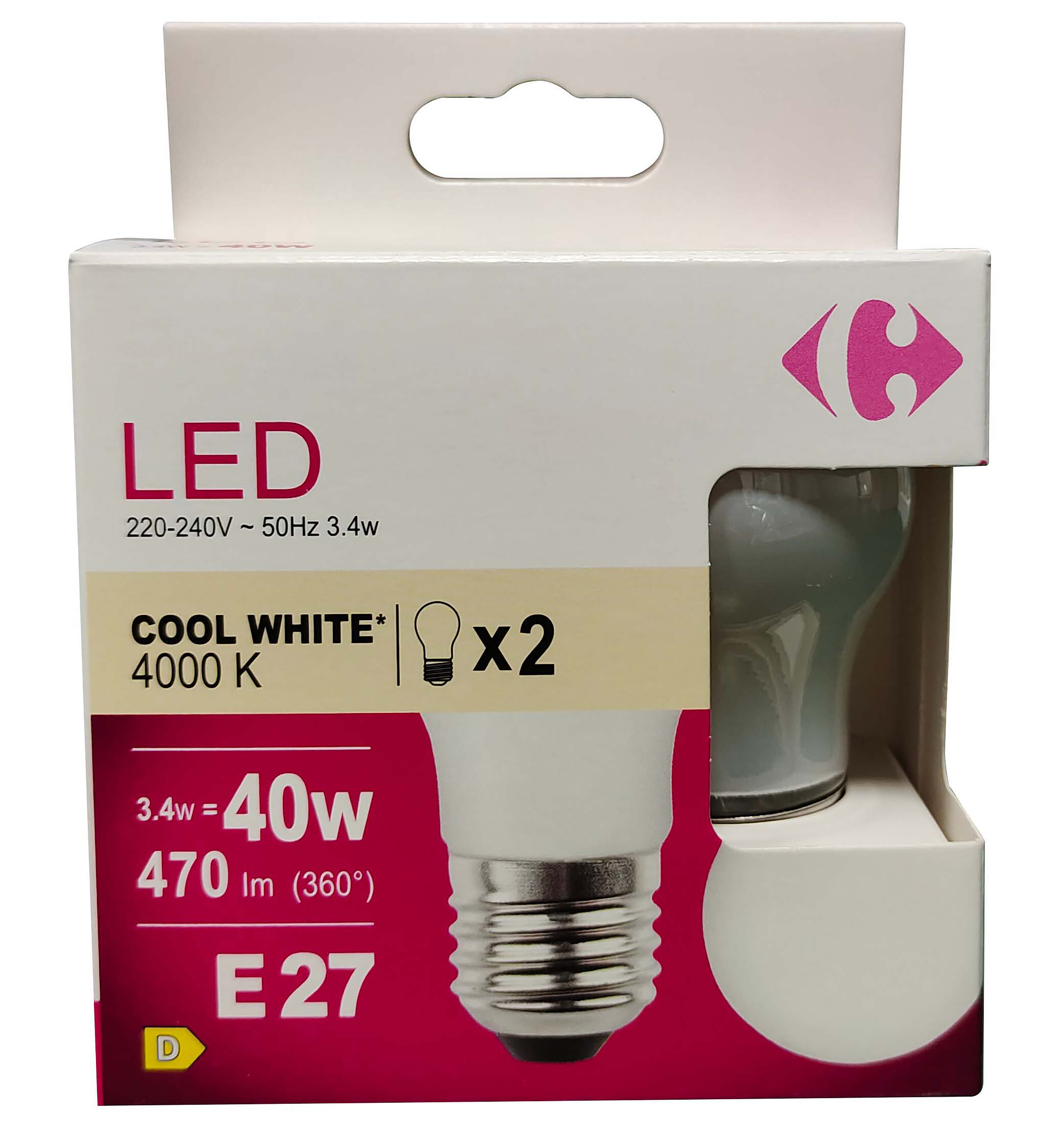 Carrefour 2 led sfer smerigliata 40W, attacco E27, luce fredda