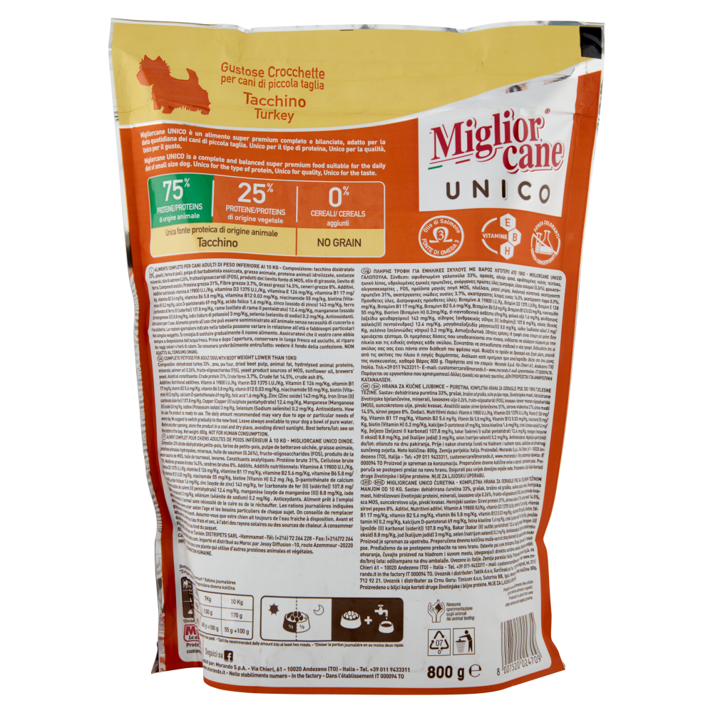Migliorcane Unico Gustose Crocchette Tacchino per Cani Adulti <10 kg Piccola Taglia 800 g
