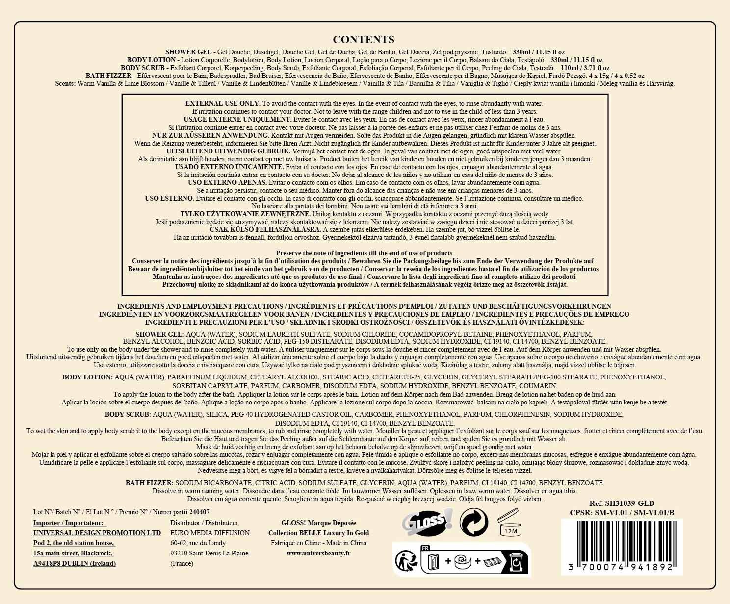 Bath Gift BELLE Luxury In Gold