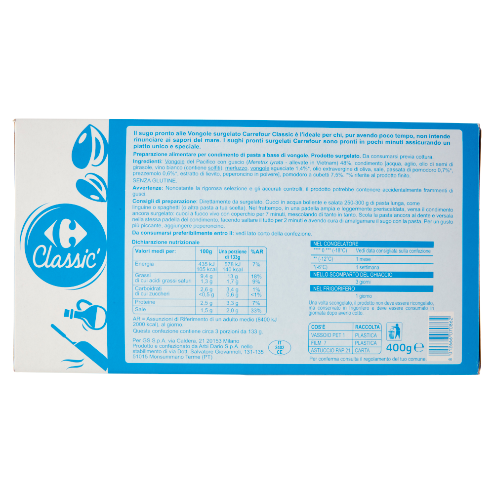 Carrefour Classic Sugo Pronto Surgelato Vongole 400 g