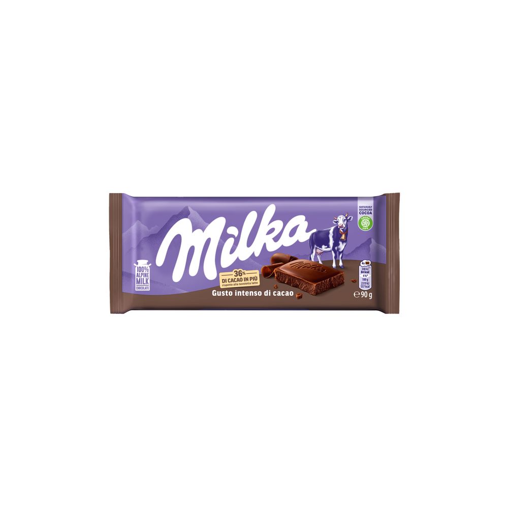 Milka Gusto Intenso di Cacao, Tavoletta di Cioccolato al Latte con Aggiunta di Extra Cacao, Latte 100% Alpino - 90 g