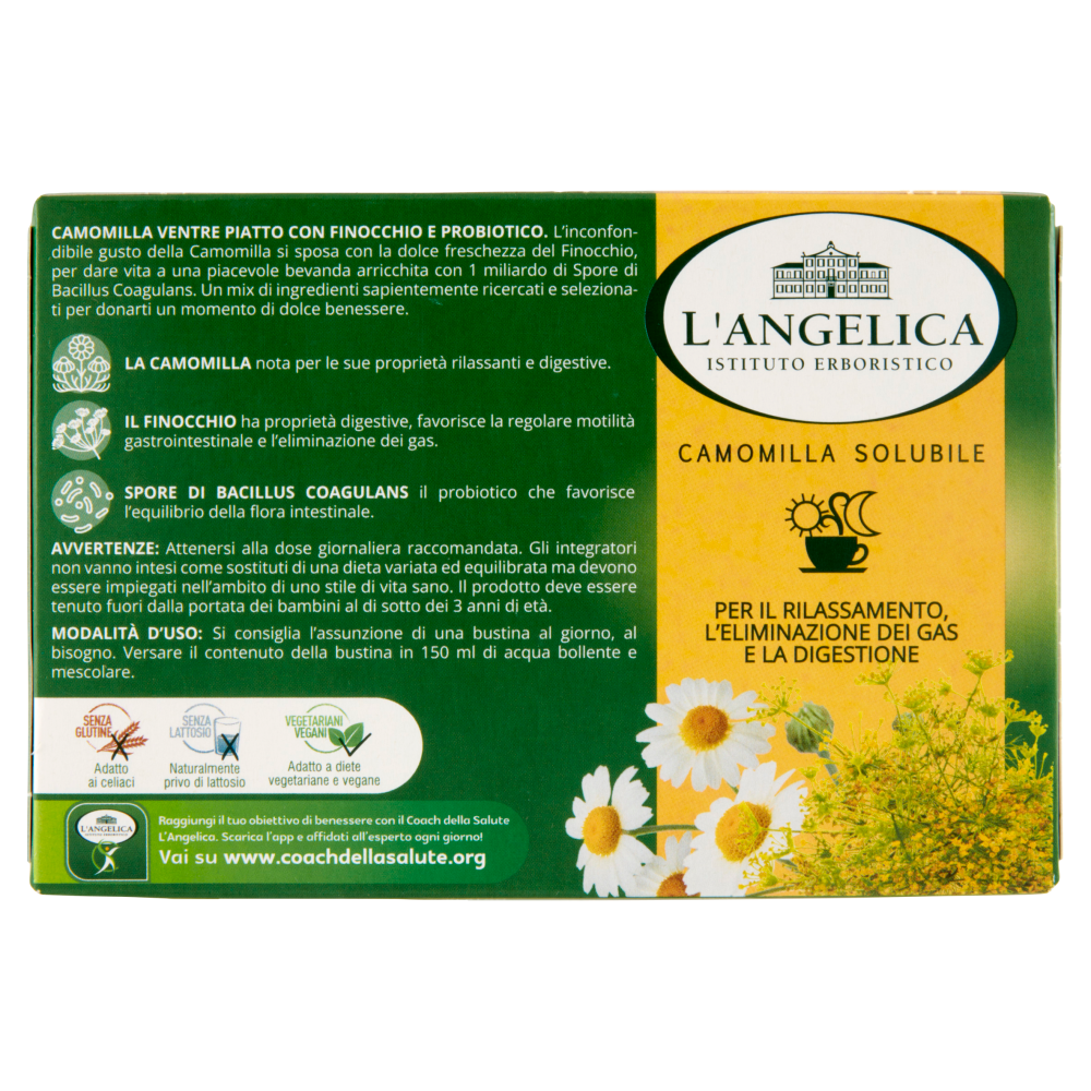 L'Angelica Camomilla Ventre Piatto con Finocchio e Probiotico Senza Zuccheri 14 Bustine 56 g