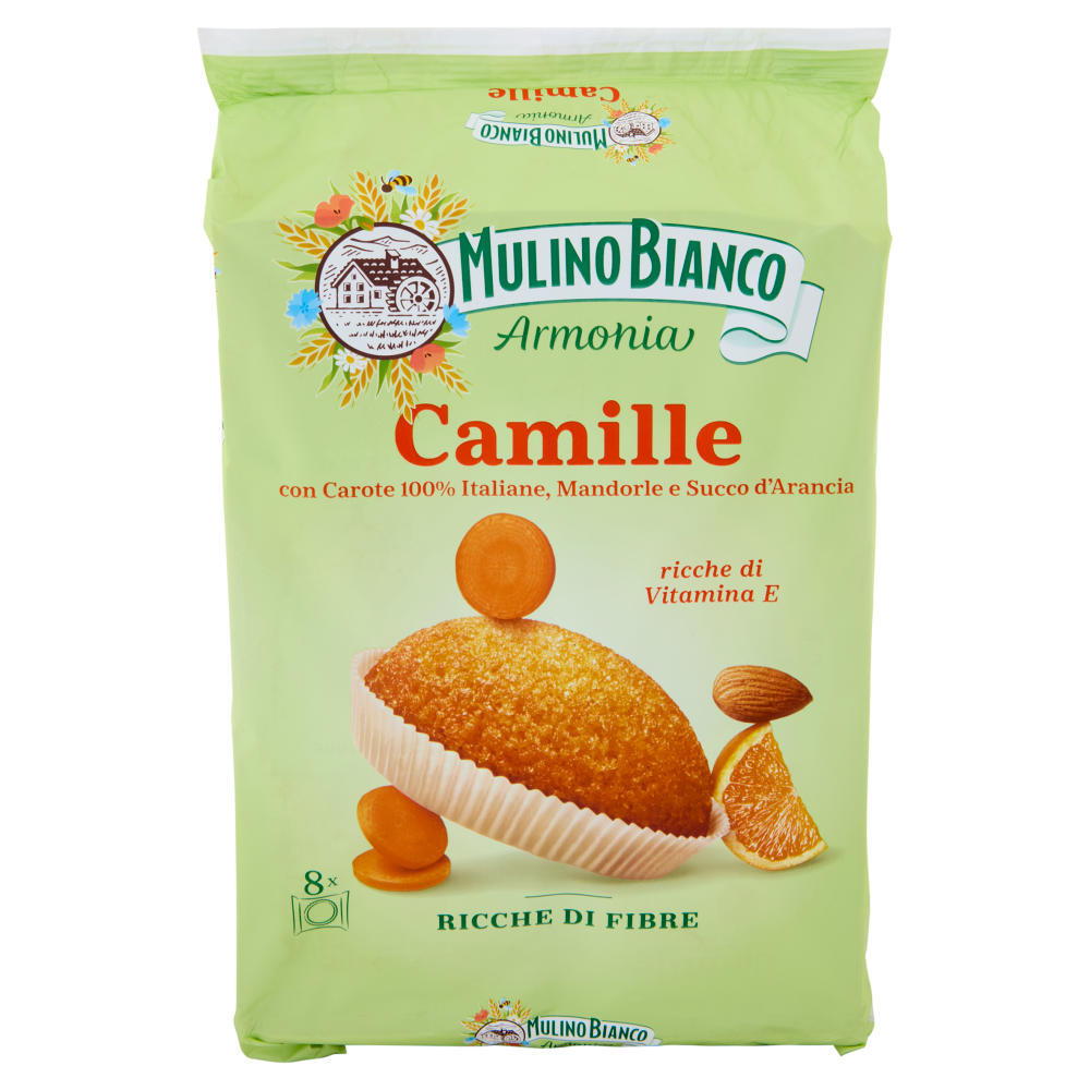 Mulino Bianco Armonia Camille Merenda Ricca di Fibre Carote Mandorle Succo d'Arancia 8 tortine 304g