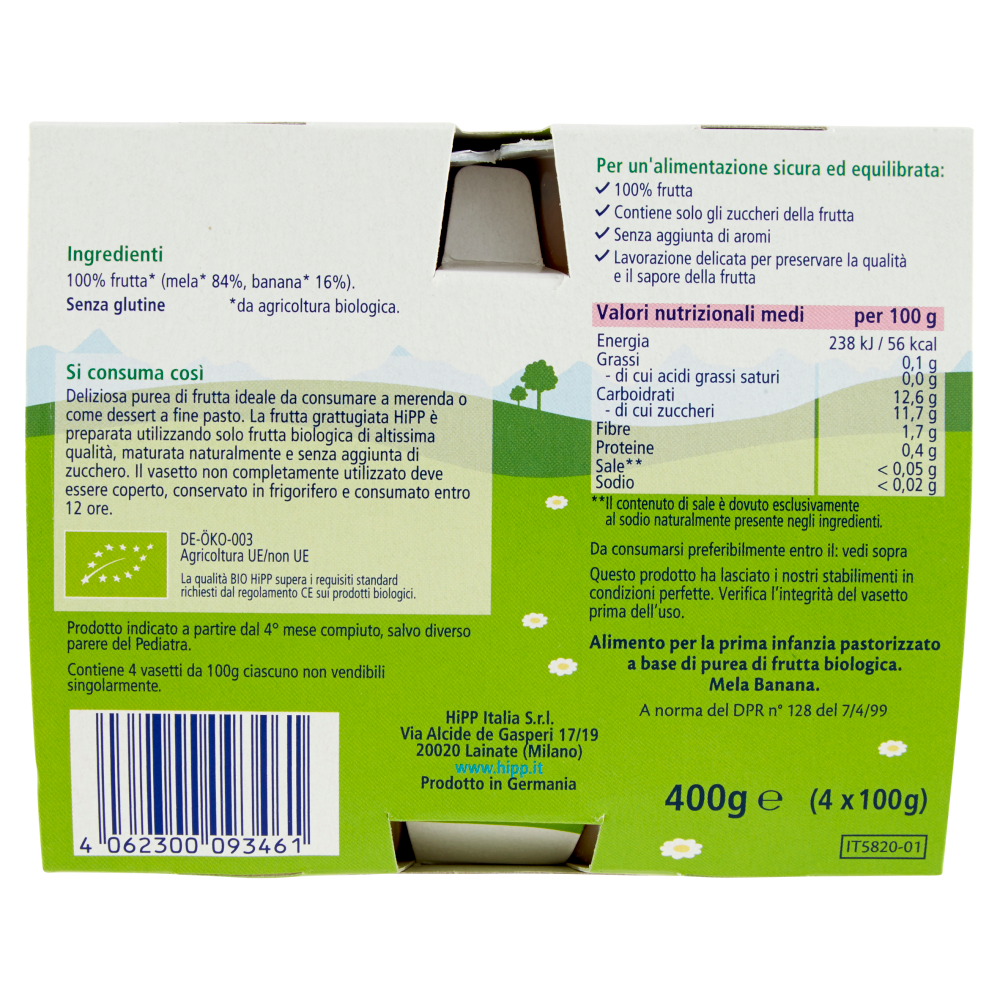 HiPP Biologico Frutta Grattugiata Mela Banana 4 x 100 g