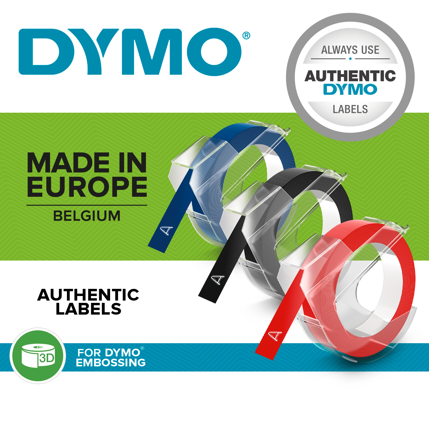 DYMO 3D Nastro Etichette a Rilievo Autoadesive | Rotoli da 9 mm x 3 m | stampa bianca su nerorosso e blu |Per Omega e Junior etichettatrice a rilievo| Confezione da 3