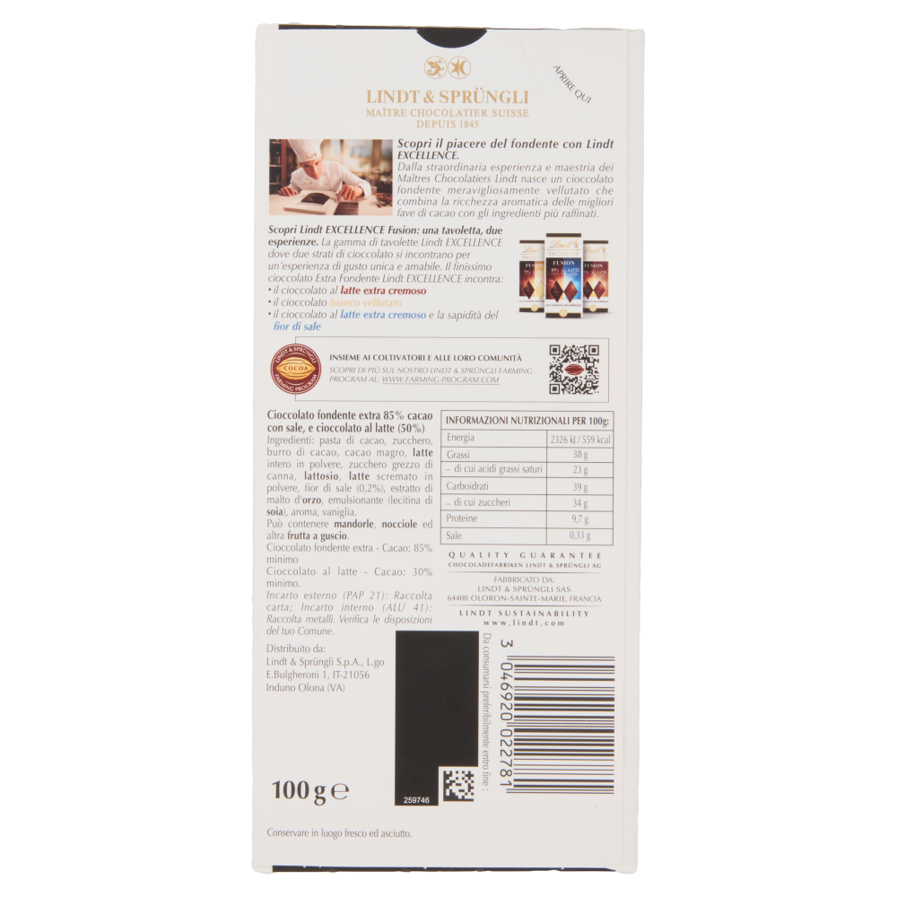 Lindt Excellence Fusion Tav 2 strati cioccolato fondente 85% fior di sale e cioccolato al latte 100g