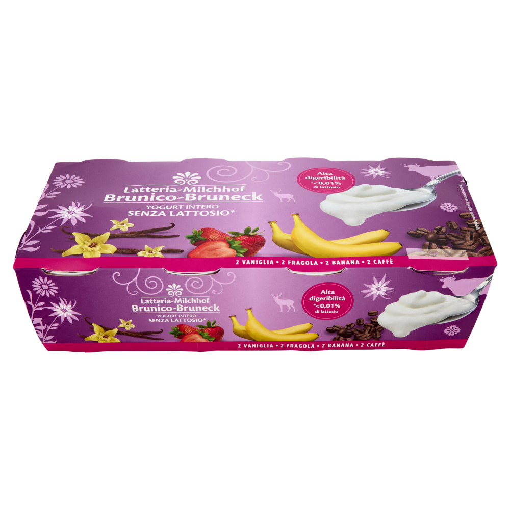 Latteria Brunico Yogurt Intero Senza Lattosio* 2 Vaniglia 2 Fragola 2 Banana 2 Caffè 8 x 125 g