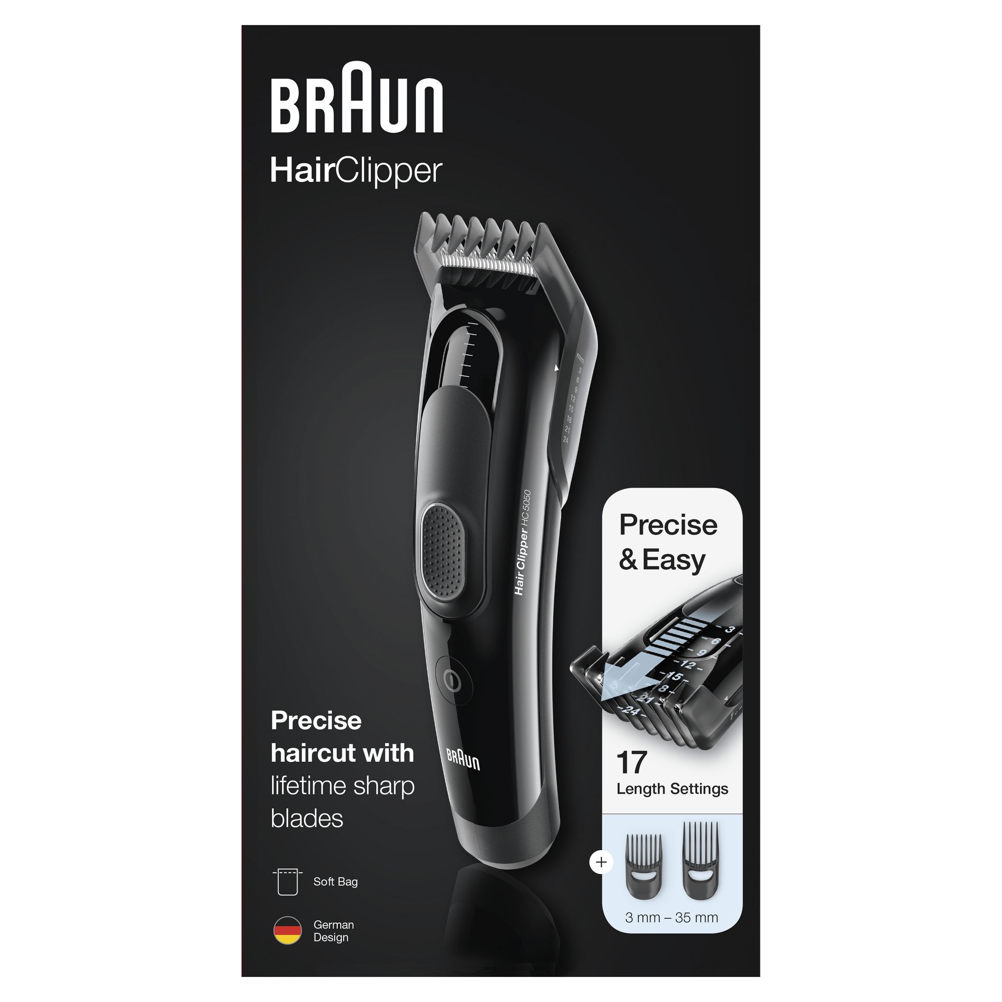 Braun HC5050 Tagliacapelli, Regolabarba Uomo e Rasoio Elettrico Barba Con 17 Impostazioni Di Lunghezza Precise E Lame Affilate Di Lunga Durata.