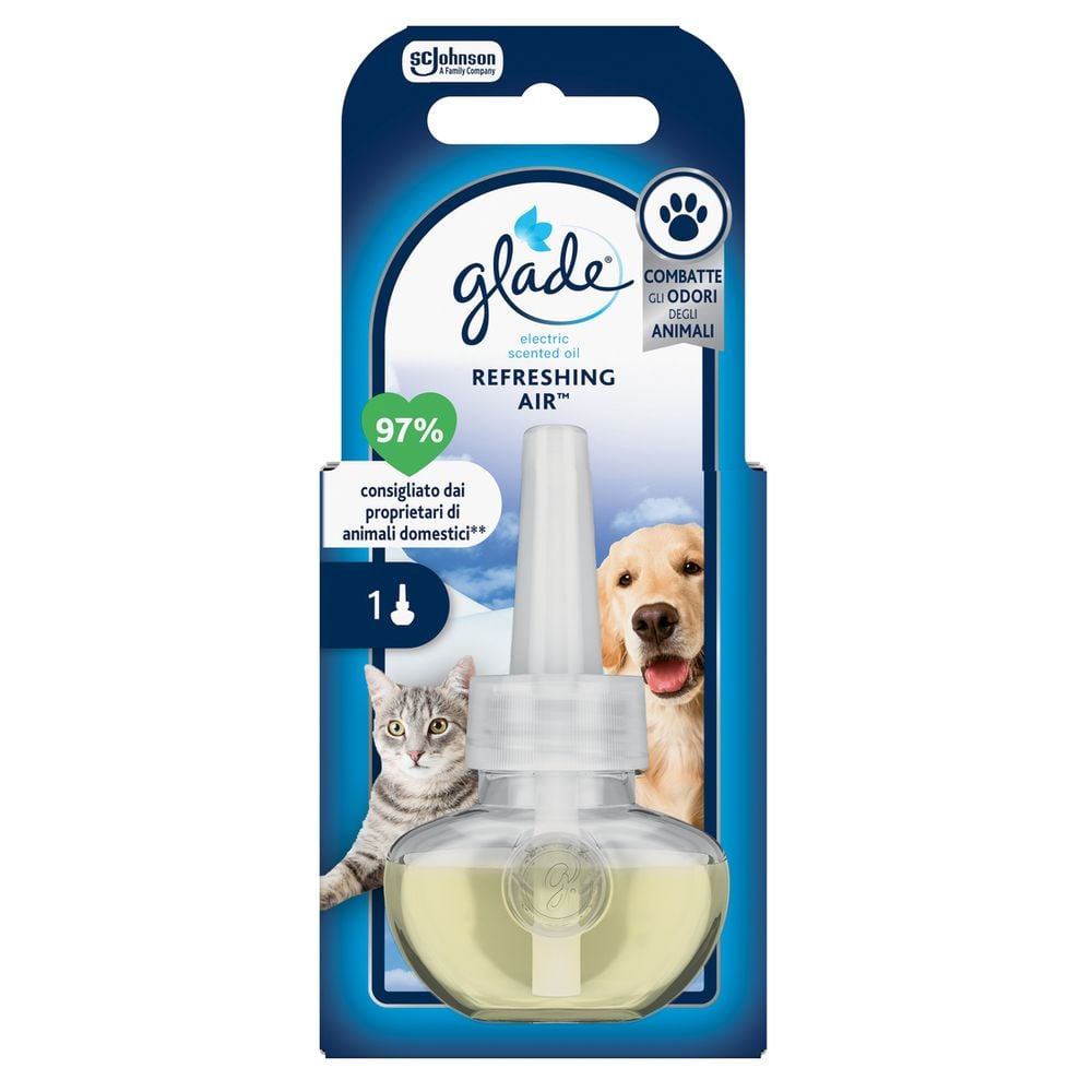 Glade Liquido elettrico ricarica Profumatore per Ambienti con Olii Essenziali, Fragranza Refreshing Air™, Elimina gli odori degli animali domestici, 20 ml