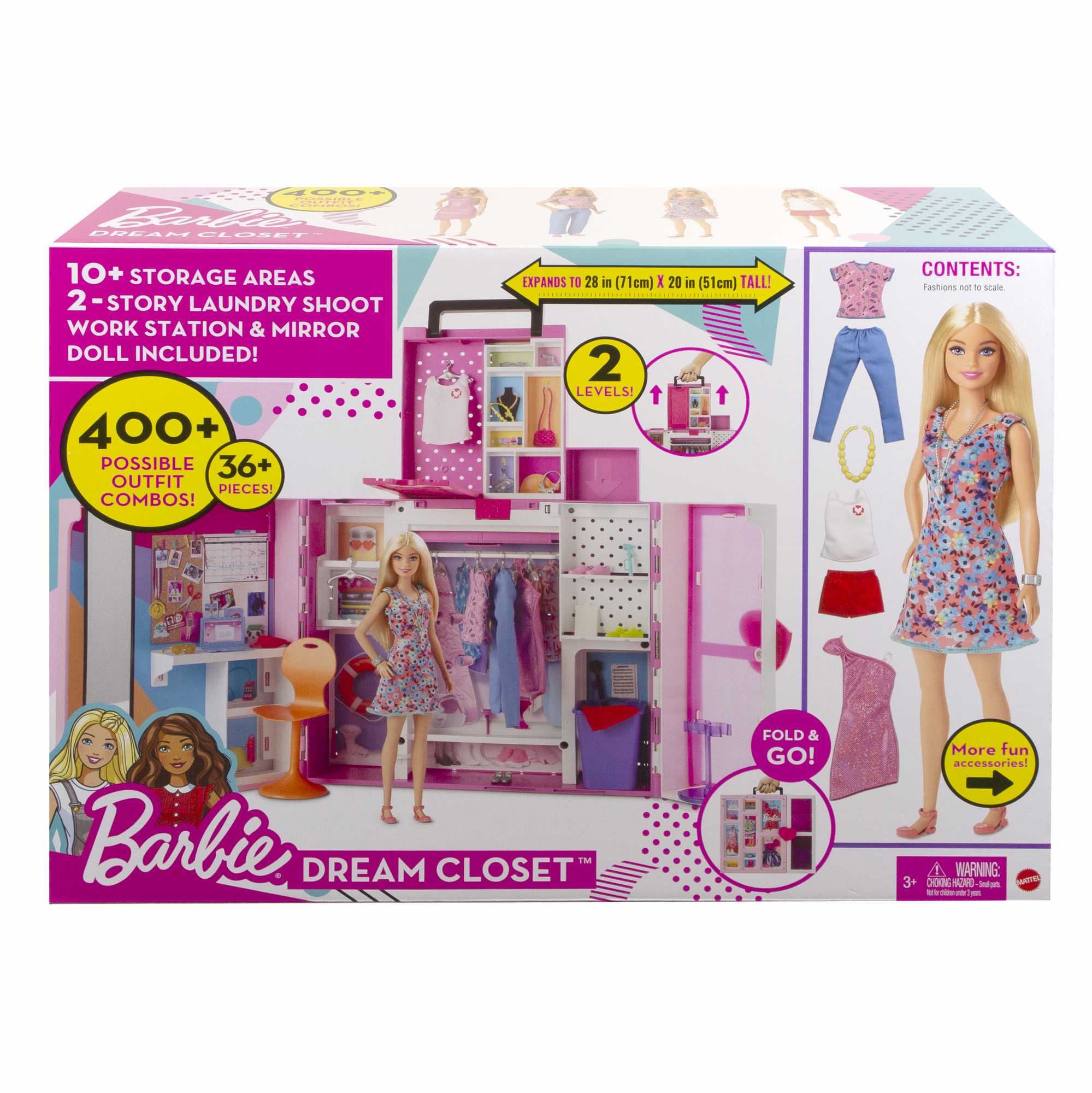 Barbie Fashionistas Armadio dei Sogni Playset con bambola bionda, largo più  di 60 cm, 15+ aree per riporre gli accessori, specchio, scivolo per  biancheria, accessori, Giocattolo per Bambini 3+ Anni