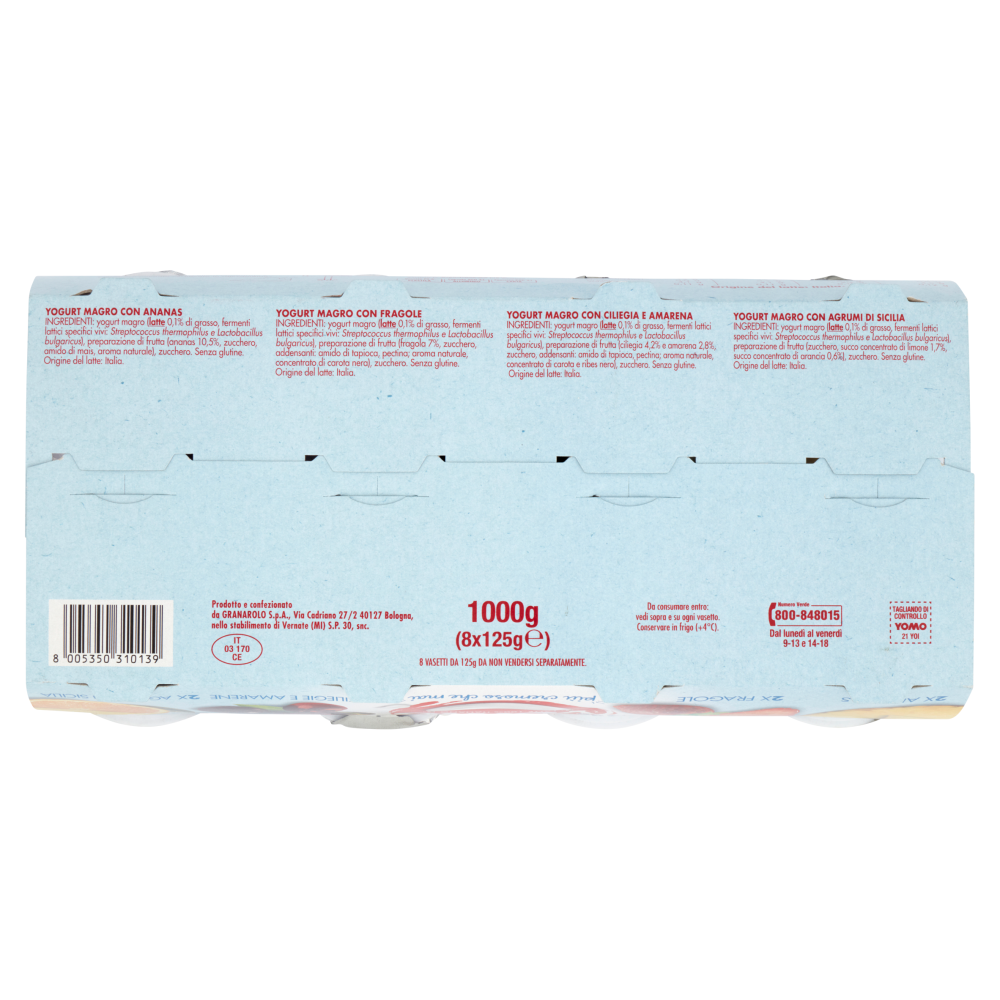 Yomo Yogurt Zero% Grassi Ananas, Fragole, Ciliegie e Amarene, Agrumi di Sicilia 8 x 125 g