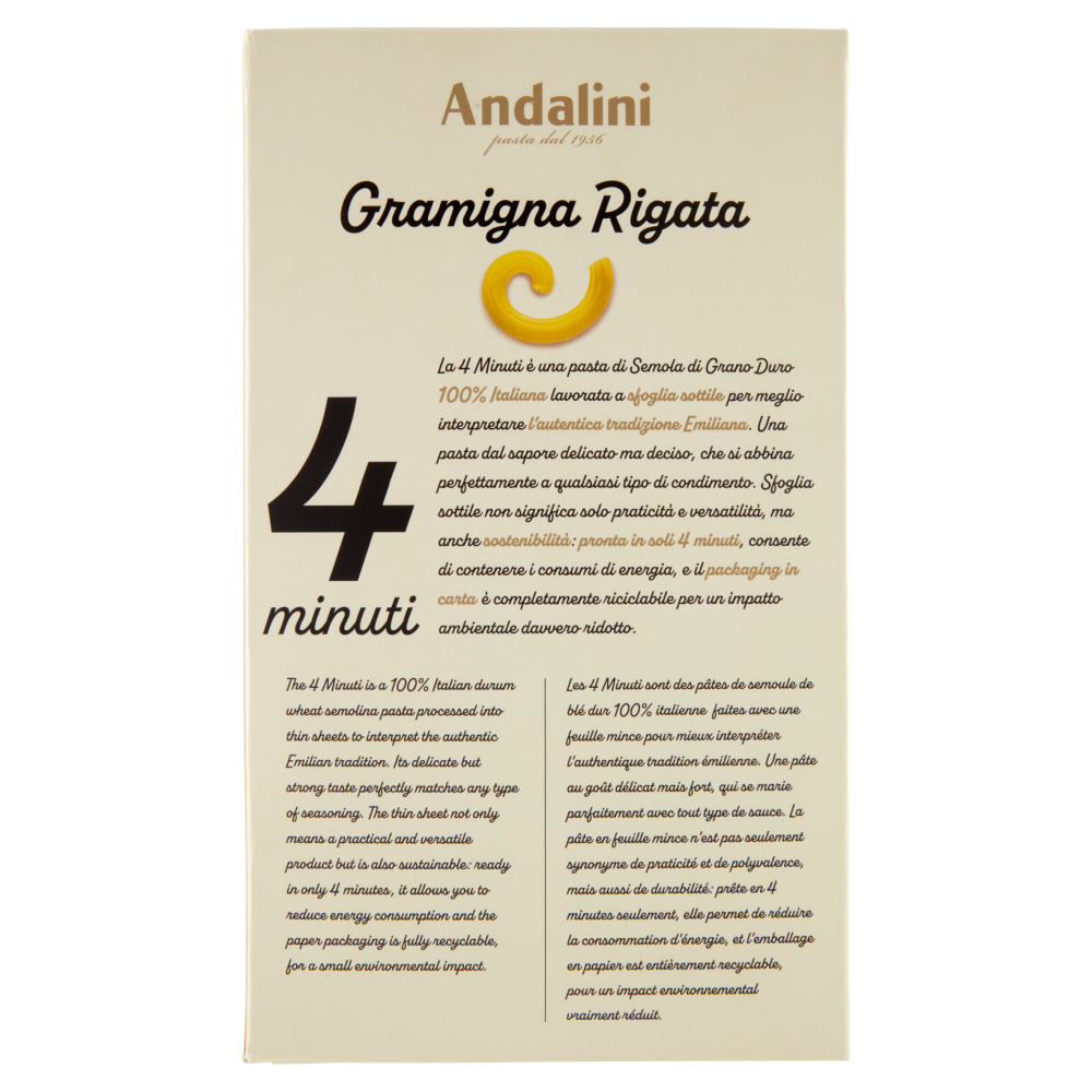 Andalini 4 minuti Pasta di Semola di Grano Duro a sfoglia sottile Gramigna Rigata 500 g