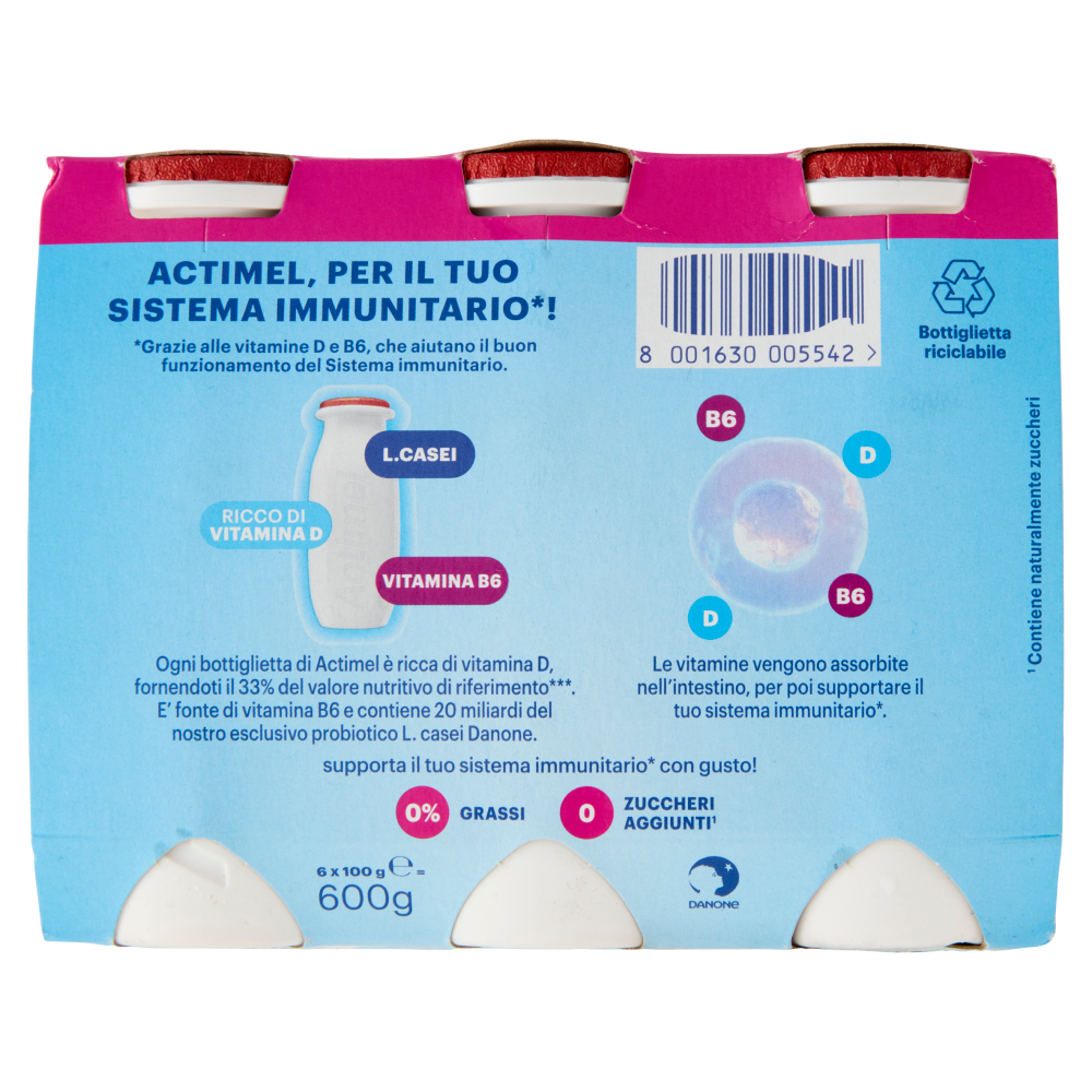 ACTIMEL, Yogurt da Bere con Vit B6 e D per il Sistema Immunitario, 0% grassi, gusto Fragola, 6X100G
