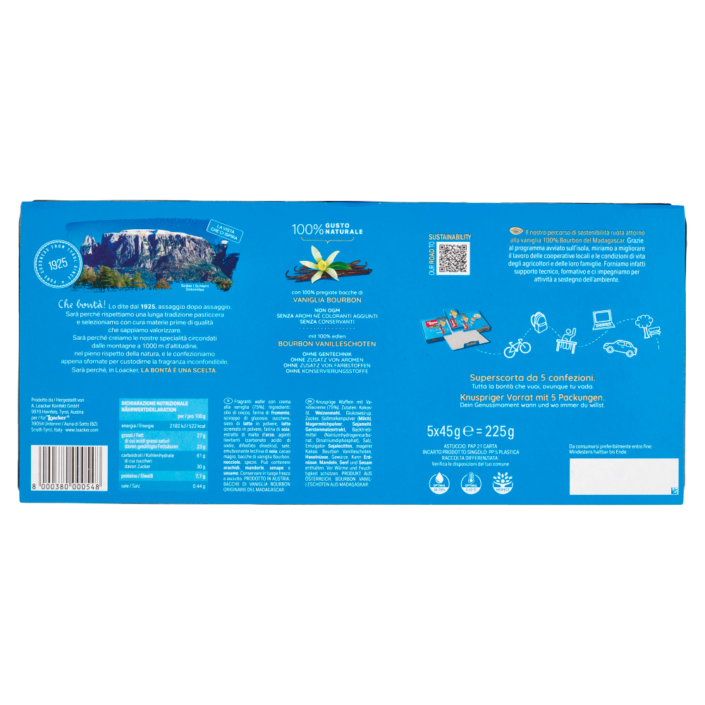 Loacker Classic Vanilla Wafer con crema alla Vaniglia Bourbon del Madagascar Wafers 45gx5