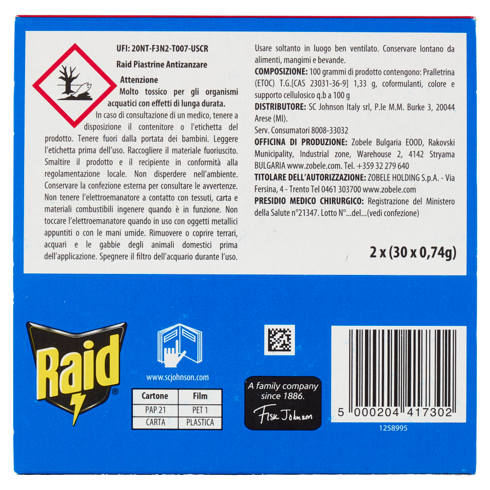 Raid Piastrine Antizanzare Comuni e Tigre, Azione prolungata, Ricarica 60 pezzi