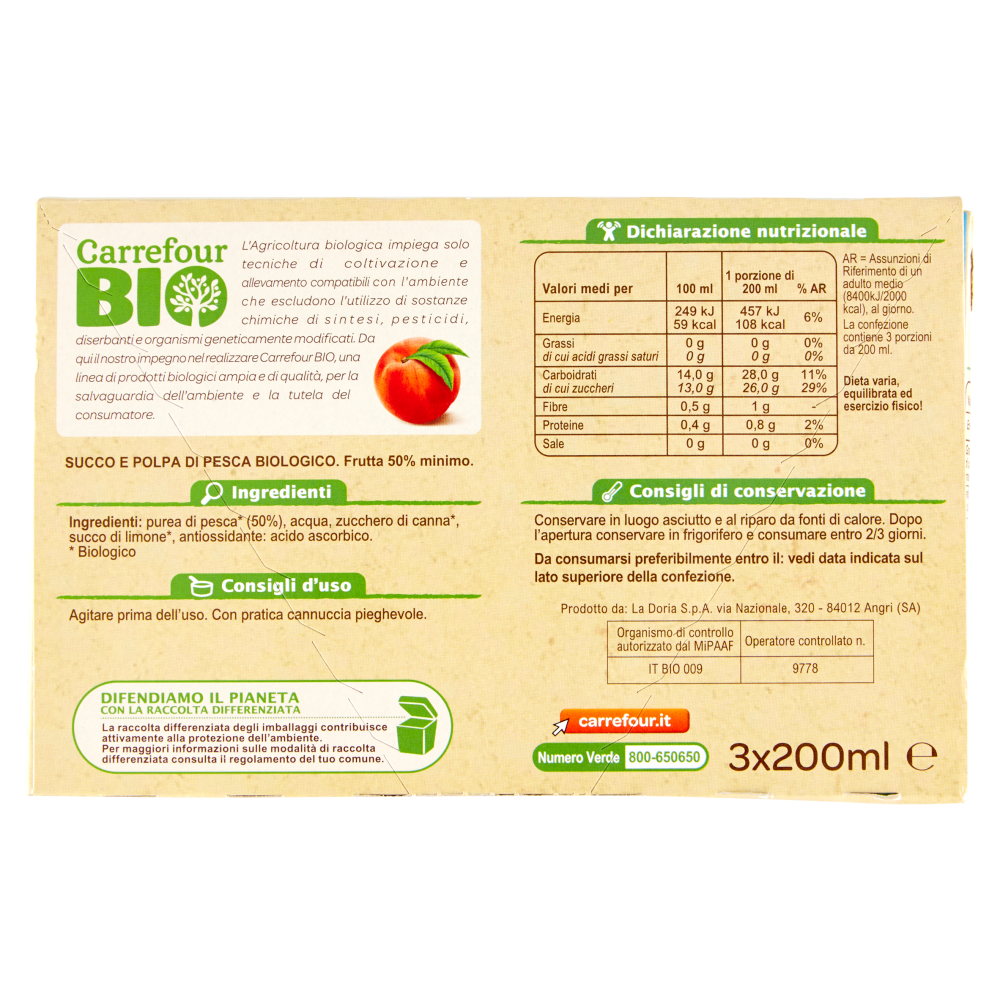 Carrefour Bio Succo e Polpa di Pesca 3 x 200 ml