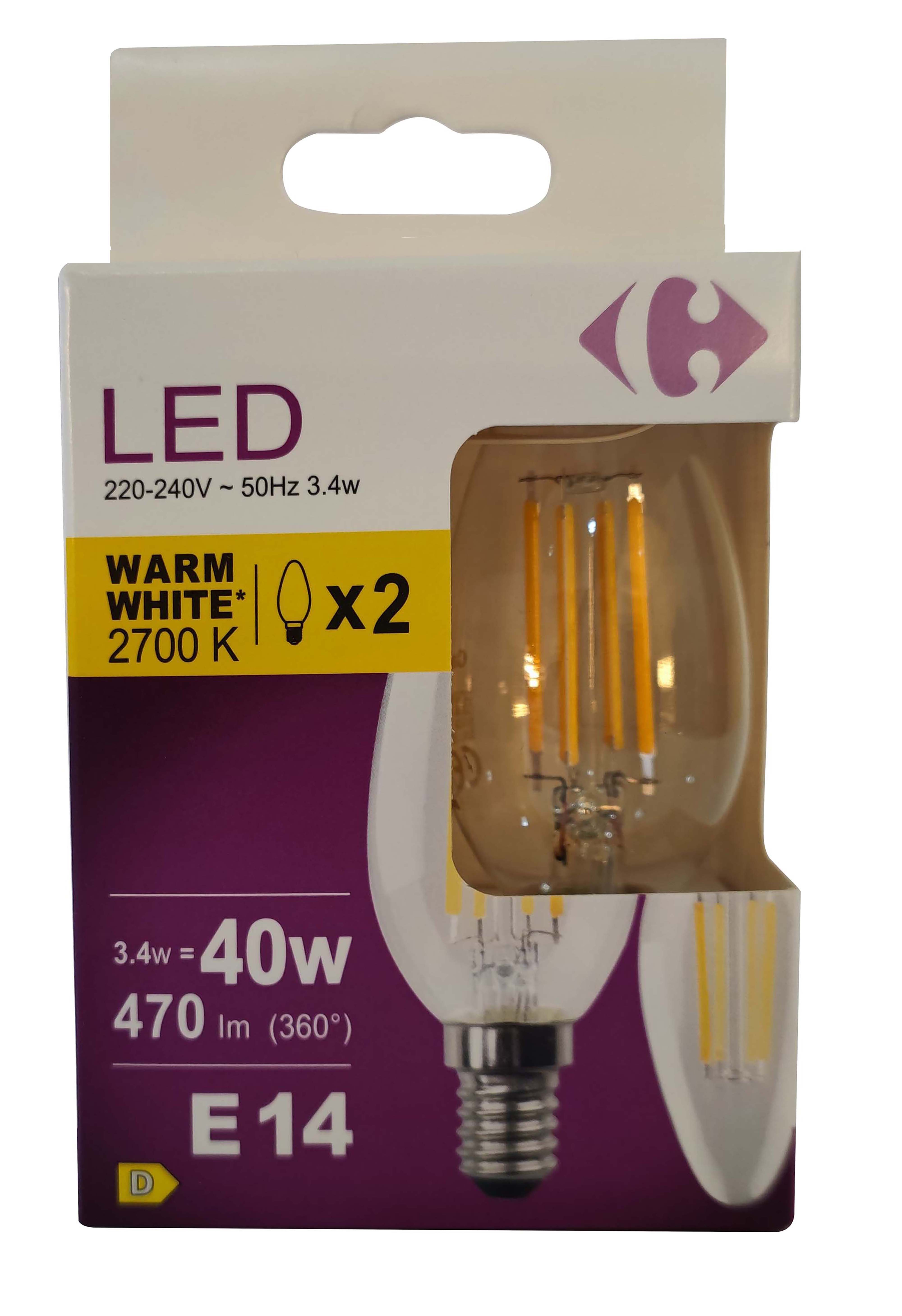 Carrefour 2 led candele con filamenti 40W, attacco E14, luce calda