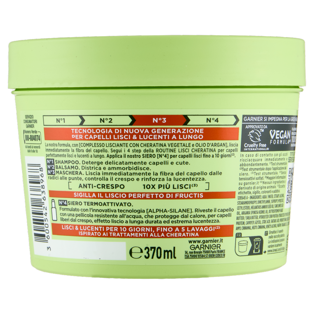 Fructis Lisci Cheratina N°3 Maschera, per Capelli Crespi, Secchi e Spenti, 370 ml