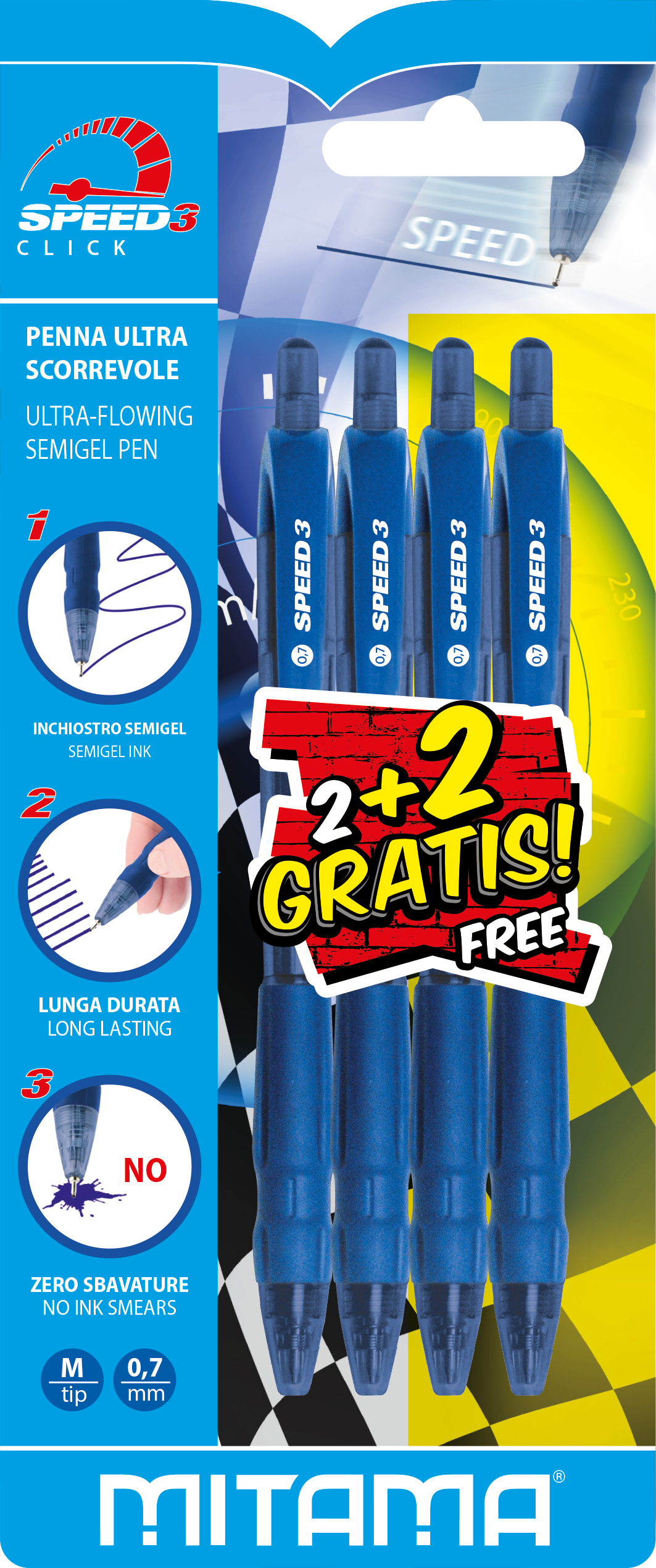 Mitama Penna Scatto Speed 3 Blu Punta 0.7 pz.2 Penna a sfera retrattile a clip Medio 4 pz