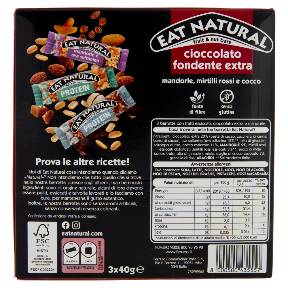 Eat Natural cioccolato fondente extra mandorle, mirtilli rossi e cocco 3 x 40 g