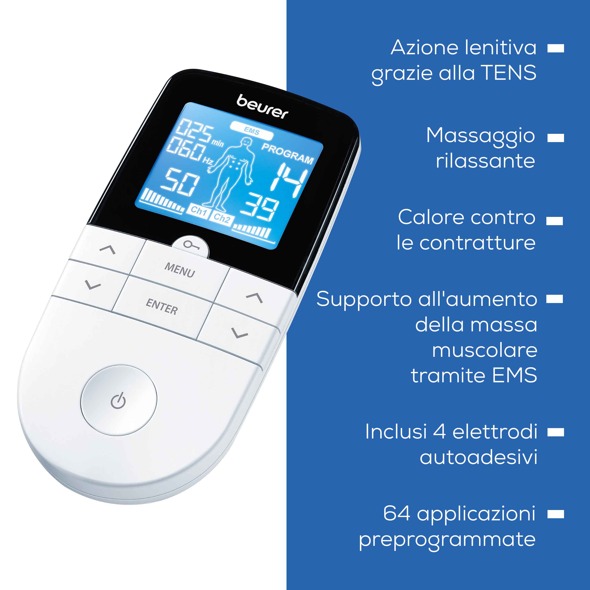Beurer EM 49 Elettrostimolatore Digitale TENS EMS con Funzione Massaggio Relax, Bianco/Nero