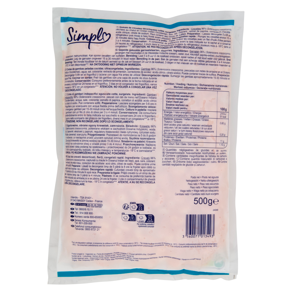 Simpl Gamberi Indopacifici selvaggi Sgusciati cotti Surgelato 500 g