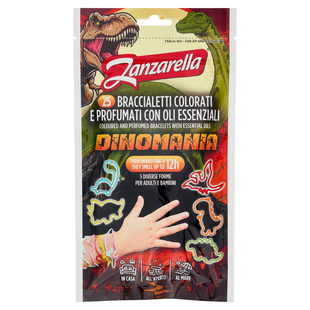 Zanzarella Braccialetti Colorati e Profumati con Oli Essenziali Dinomania 25 pz