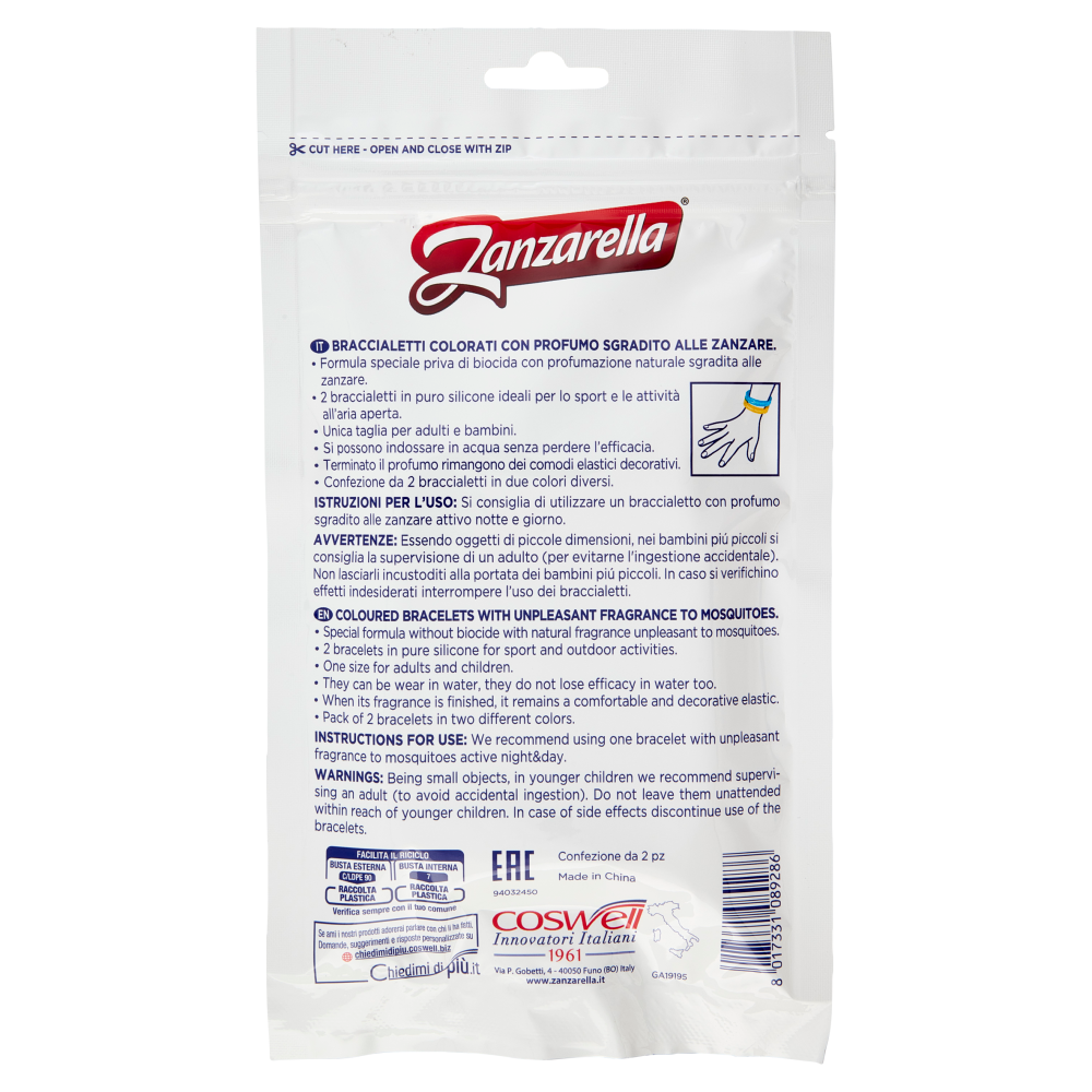 Zanzarella Braccialetti Colorati con Profumo Sgradito alle Zanzare Sport & Fun 2 pz