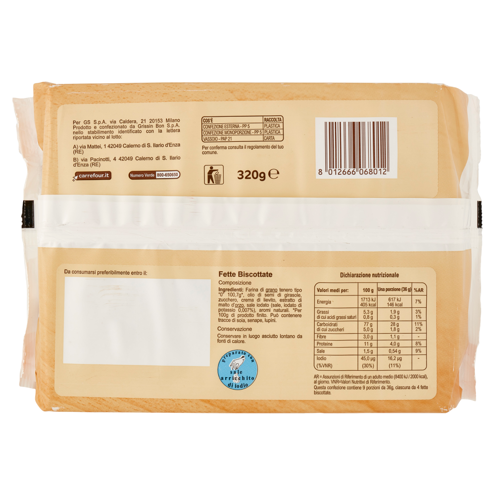 Carrefour Original Fette Biscottate Integrali 9 Monoporzioni 320 g