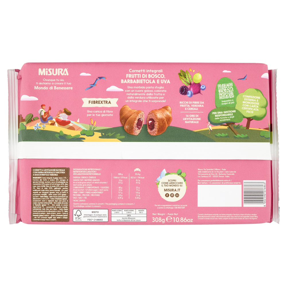 Misura Fibrextra 6 Cornetti integrali Frutti di Bosco, Barbabietola e Uva 308 g